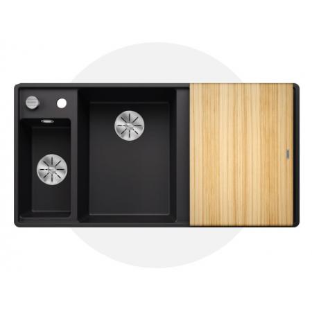 Blanco Axia III 6 S-F Zestaw Zlewozmywak kompozytowy półtorakomorowy 99x51 cm lewy czarny + deska kuchenna drewniana + odsączarka stalowa 525853