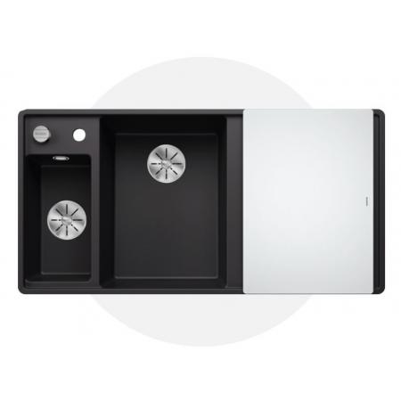 Blanco Axia III 6 S-F Zestaw Zlewozmywak kompozytowy półtorakomorowy 99x51 cm lewy czarny + deska kuchenna szklana + odsączarka stalowa 525852