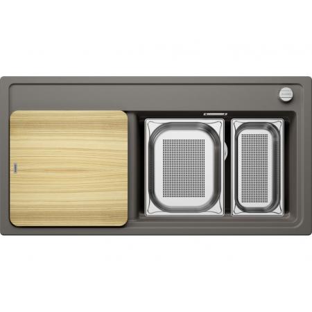 Blanco Zenar XL 6 S  Zlewozmywak kompozytowy jednokomorowy 100x51 cm prawy wulkaniczny szary + deska kuchenna drewniana + dwa perforowane pojemniki gastronomiczne 527373