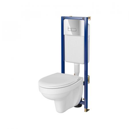 Cersanit Tech Line Base Set B676 Zestaw stelaż WC + przycisk WC chrom + toaleta WC bez kołnierza + deska wolnoopadająca biała S701-686