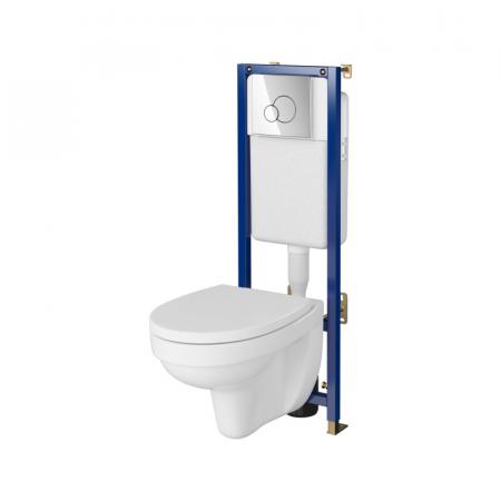 Cersanit Tech Line Base Set B679 Zestaw stelaż WC + przycisk WC chrom +  toaleta WC bez kołnierza + deska wolnoopadająca biała S701-689