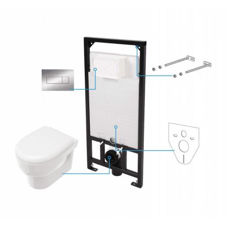 Deante Avis Zestaw 6w1 Toaleta WC bez kołnierza + deska wolnoopadająca + stelaż + przycisk chrom/biały CDAS6ZPW