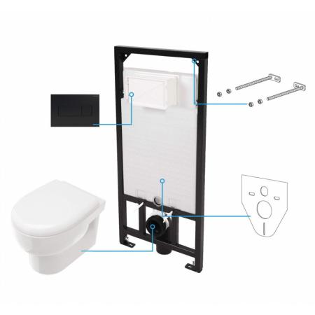 Deante Avis Zestaw 6w1 Toaleta WC bez kołnierza + deska wolnoopadająca + stelaż + przycisk czarny/biały CDAN6ZPW