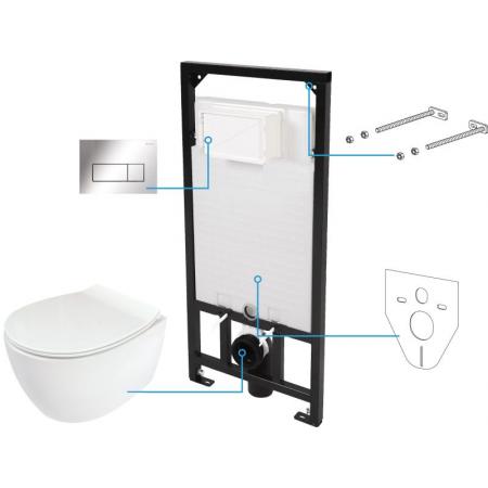 Deante Silia Zestaw Stelaż podtynkowy + toaleta WC bez kołnierza + deska wolnoopadająca + przycisk WC chrom/biały CDLS6ZPW