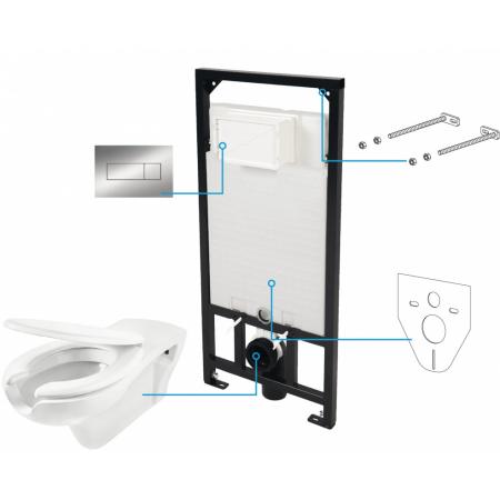 Deante Vital Zestaw Toaleta WC 68x34,5 cm dla niepełnosprawnych + deska wolnoopadająca + stelaż podtynkowy + przycisk spłukujący Slim Chrom CDVS6WPW
