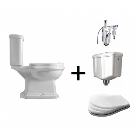 Kerasan Retro Zestaw Toaleta WC kompaktowa 72x38,5 cm + deska wolnoopadająca + spłuczka + mechanizm spłukujący biały/chrom 101301+108801+1081+750990