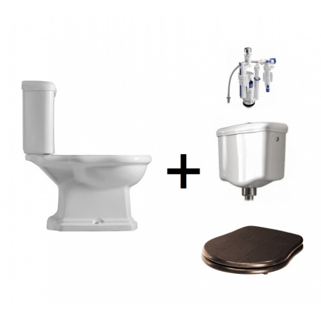 Kerasan Retro Zestaw Toaleta WC kompaktowa 72x38,5 cm + deska wolnoopadająca + spłuczka + mechanizm spłukujący biały/orzech/chrom 101301+108840+1081+750990