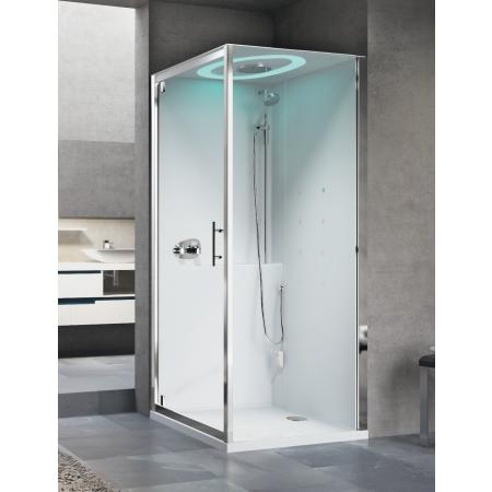 Novellini Eon GF90 Kabina prysznicowa narożna kwadratowa 90x90x214 cm drzwi przesuwne, z dachem, deszczownicą, białe LED, szkło przezroczyste, profile chrom mat EONGF90MT-1UK