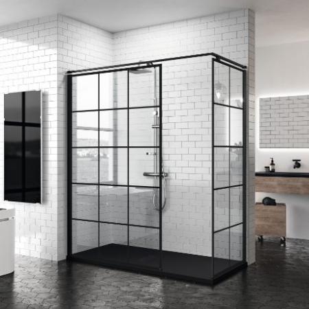 Novellini Kuadra H Squares Kabina prysznicowa walk-in 157-160x200 cm szkło przezroczyste kwadraty, profile czarne matowe KUADH160-81H