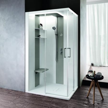 Novellini Skill A Kabina prysznicowa narożna 100x80 cm z hydromasażem, z sauną, z baterią termostatyczną, szkło przezroczyste, wykończenie biały matowy/perłowy szary SKIA100DT5-1UN3