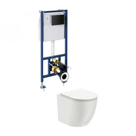 Omnires Ottawa Zestaw Toaleta WC 49x36,5 cm bez kołnierza + deska wolnoopadająca + stelaż + przycisk WC biały połysk/czarny mat OTTAWASETBPBL