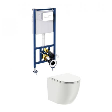 Omnires Ottawa Zestaw Toaleta WC 49x36,5 cm bez kołnierza + deska wolnoopadająca + stelaż + przycisk WC biały połysk OTTAWASETBPBP
