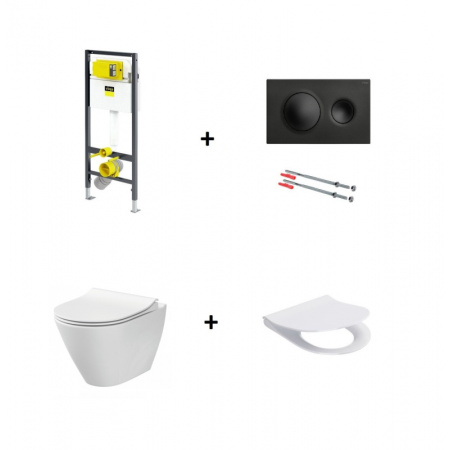 Viega Prevista Dry Zestaw stelaż podtynkowy WC + wsporniki + przycisk czarny mat + toaleta z deską wolnoopadającą Slim 771973+796389+678630+K701-104