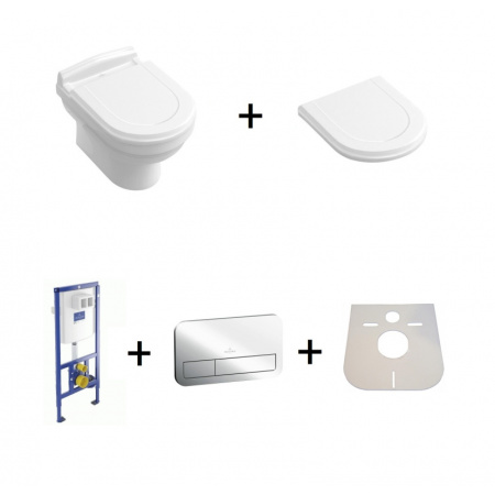 Villeroy & Boch Hommage Toaleta WC z powłoką CeramicPlus biały z deską wolnoopadającą + stelaż + przycisk chrom + mata 6661B0R1+8809S1R1+92246100+92249061+LEMATA