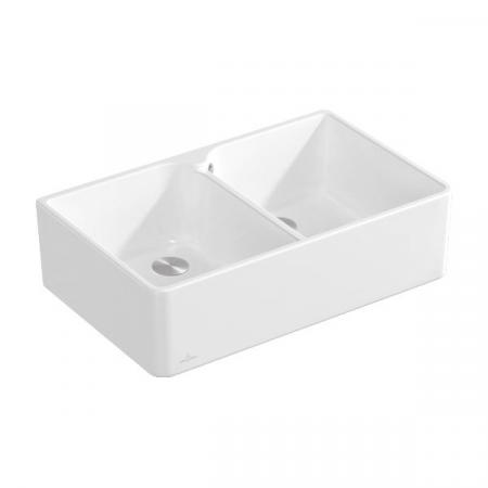 Villeroy&Boch Sink Unit 80 X Zlewozmywak ceramiczny farmerski 2-komorowy CeramicPlus 79,5x50 cm z korkiem pop-up, podblatowy, bez ociekacza, biały Stone White 638002RW