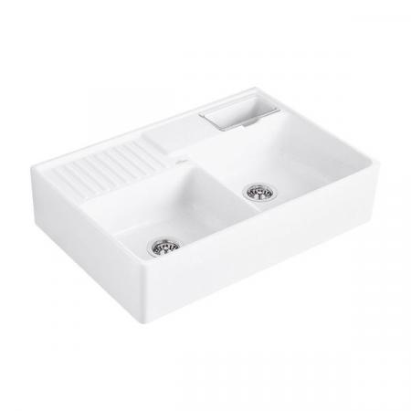 Villeroy&Boch Sink Unit Zlewozmywak ceramiczny farmerski 2-komorowy CeramicPlus 89,5x63 cm z korkiem pop-up, podblatowy, bez ociekacza, biały Stone White 632392RW