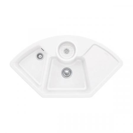 Villeroy&Boch Solo corner Zlewozmywak ceramiczny 2-komorowy CeramicPlus 107,5x60 cm z korkiem pop-up, narożny, z ociekaczem, biały Stone White 670802RW