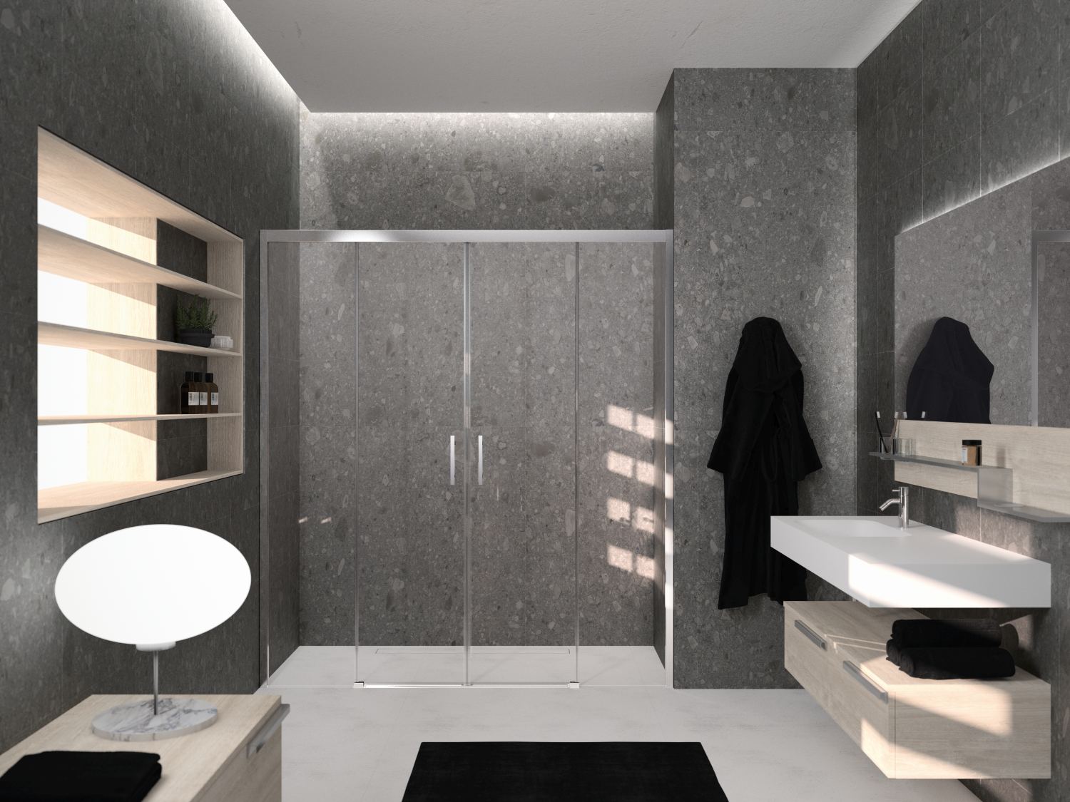 Wąska, długa łazienka z kabiną prysznicową na krótszej ścianie - www.Łazienkarium.pl kabina wnękowa w wąskiej łazience, prysznic w wąskiej łazience, jaki prysznic do wąskiej łazienki