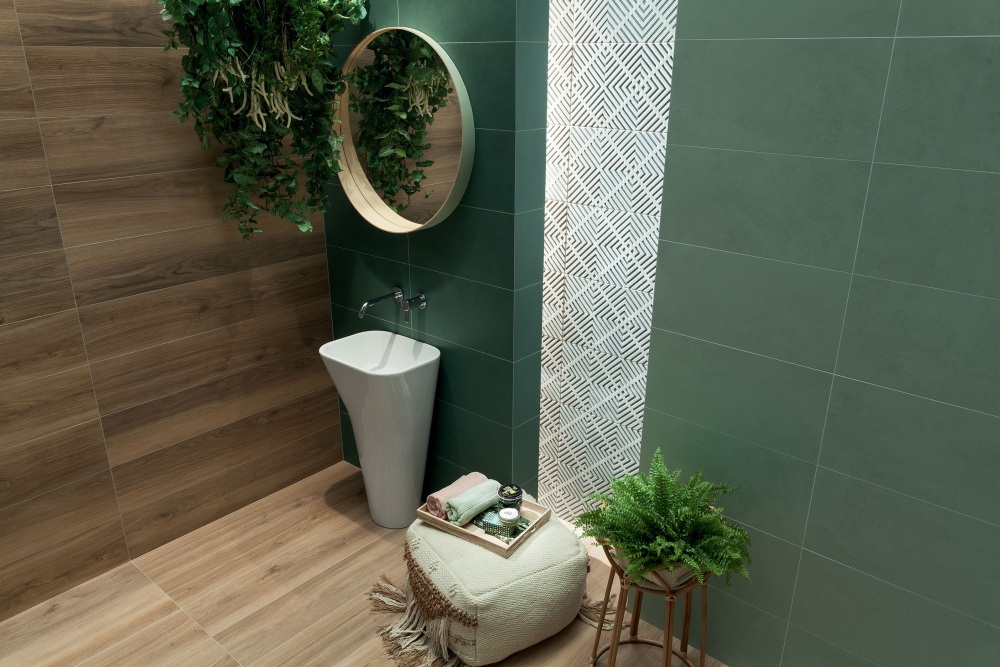 łazienka z zielonymi płytkami ceramicznymi, zielona glazura w łazience, łazienka z zieloną glazurą