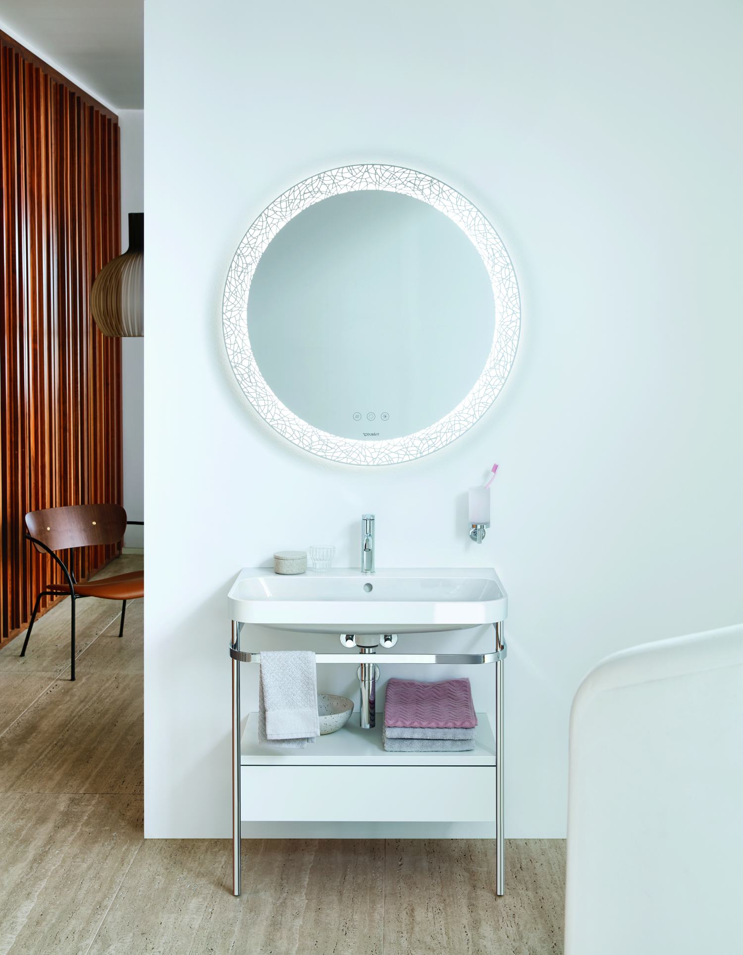 Aranżacja łazienki z podświetlanym lustrem w wykończeniu Organic - www.Łazienkarium.pl duravit happy d.2 plus lustro organic, duravit happy d.2 plus lustro, duravit happy d.2 plus lustro oświetlane
