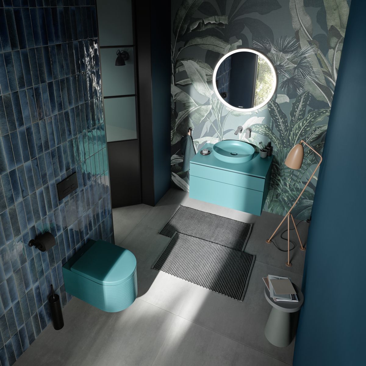 Aranżacja kolorwej łazienki z Duravit - www.Łazienkarium.pl niebiska umywalka, kolorowa łazienka, duravit, duravit vitrium