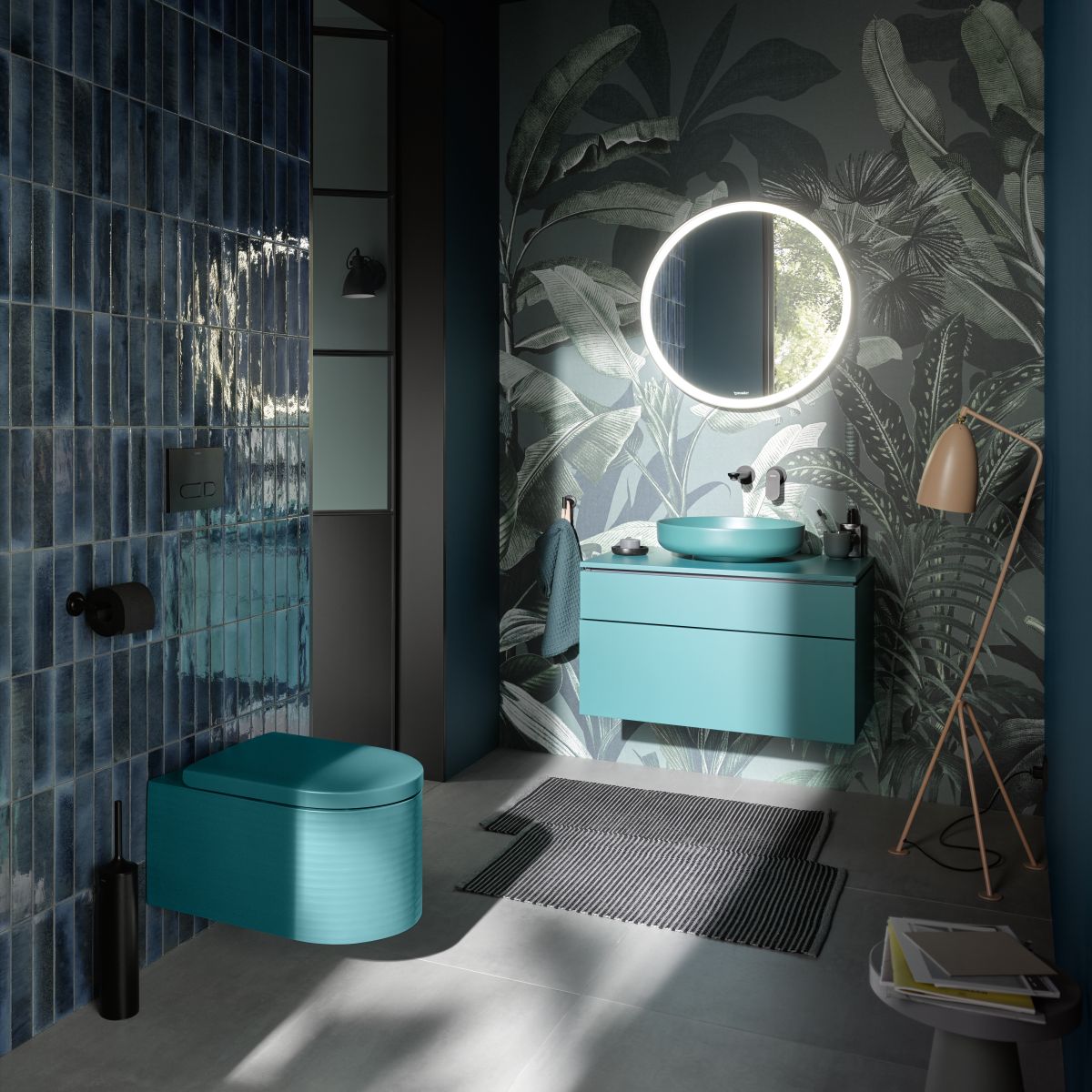 Aranżacja kolorwej łazienki z Duravit - www.Łazienkarium.pl niebiska umywalka, kolorowa łazienka, duravit, duravit vitrium