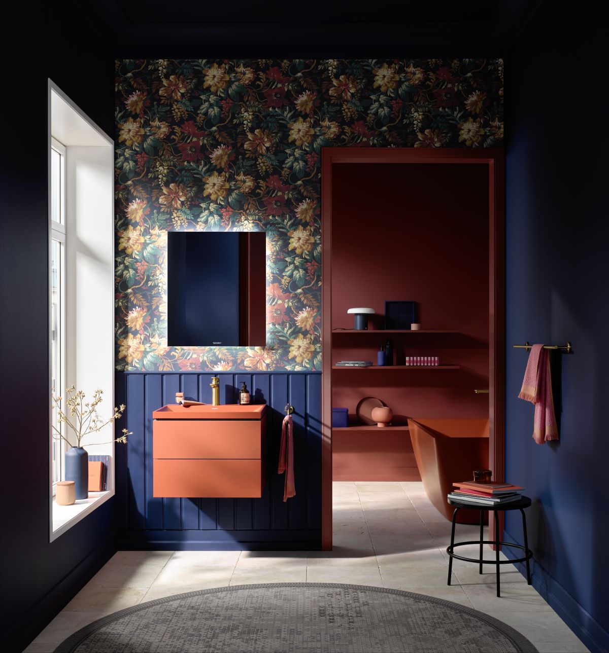 Aranżacja kolorwej łazienki z Duravit - www.Łazienkarium.pl niebiska umywalka, kolorowa łazienka, duravit, duravit vitrium