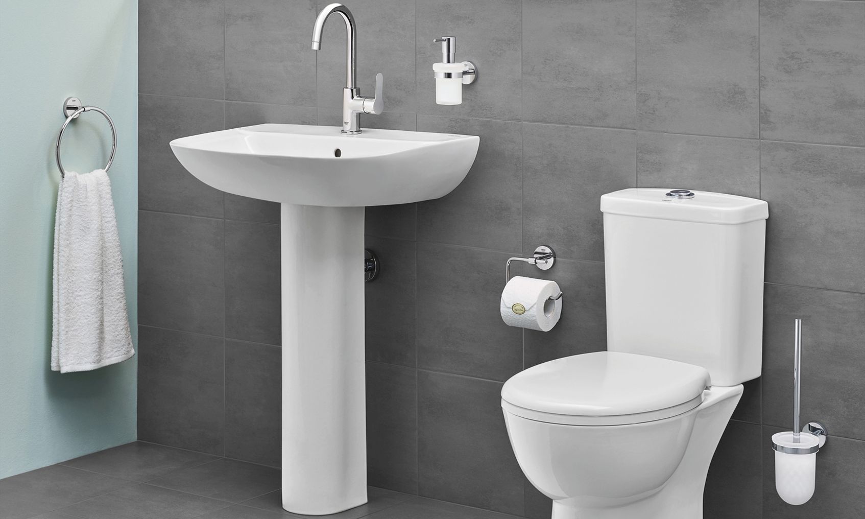 Grohe Bau Ceramic Umywalka Wisząca z Otworem pod Baterię a Także Miska WC Bez Kołnierza Kompakt - lazienkarium.pl Grohe Bau Ceramic