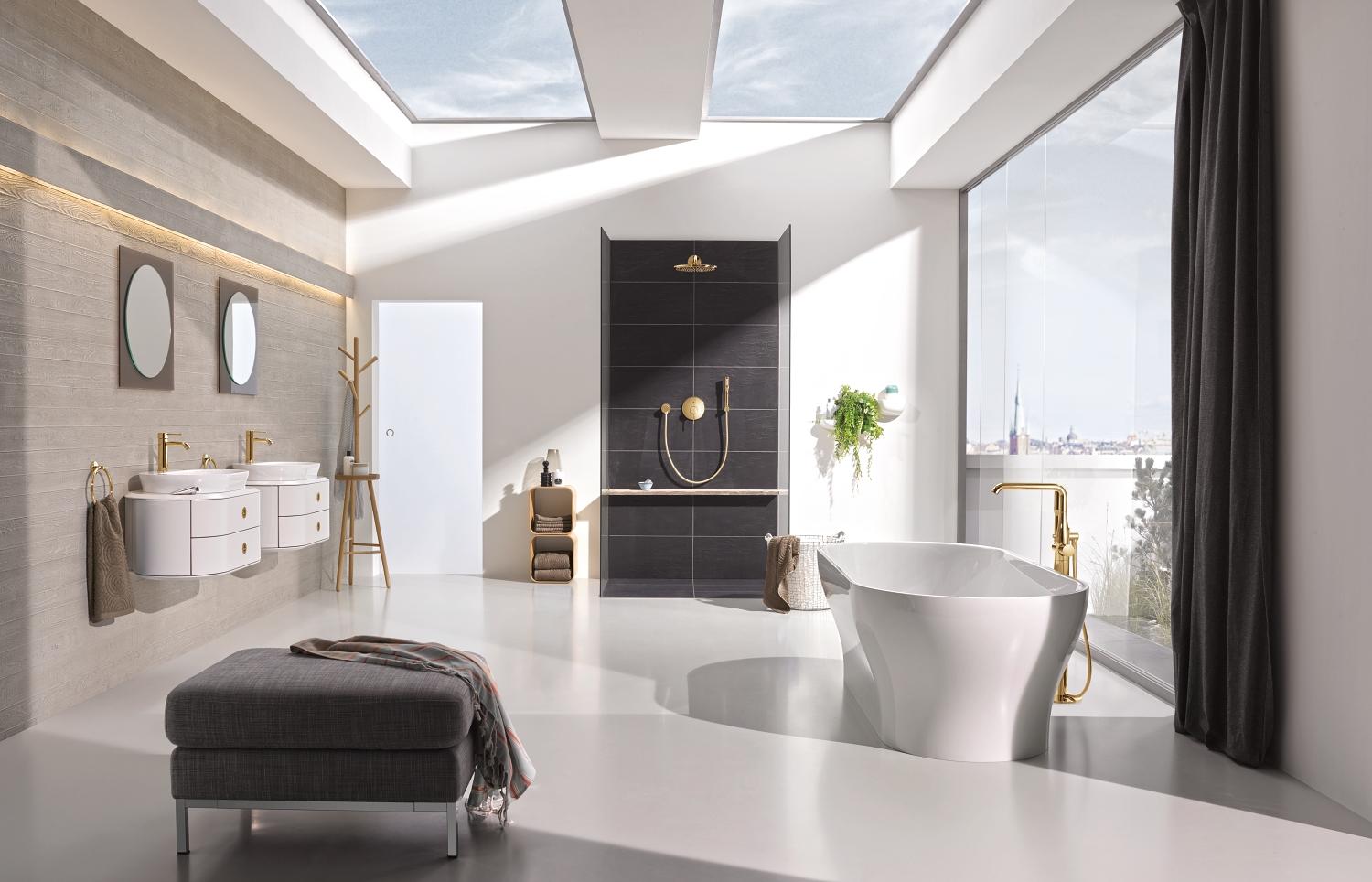 Wykorzystanie złotej armatury w wystroju łazienki - www.Łazienkarium.pl grohe essence złota armatura, złota armatura grohe essence, grohe essence w kolorze złotym