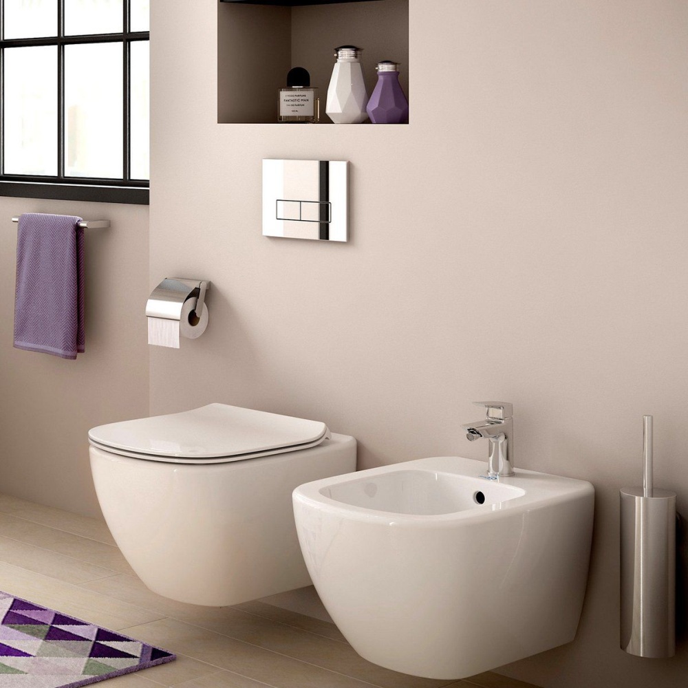 Ideal Standard Tesi Miska WC Bez Kołnierza Wisząca Toaleta Nowoczesna Podwieszana Miska WC Ścienna Muszla Klozetowa Bez Rantu Z Deską Sedesową Miski Wiszące Kołnierz Otwarty - lazienkarium.pl Ideal Standard Tesi