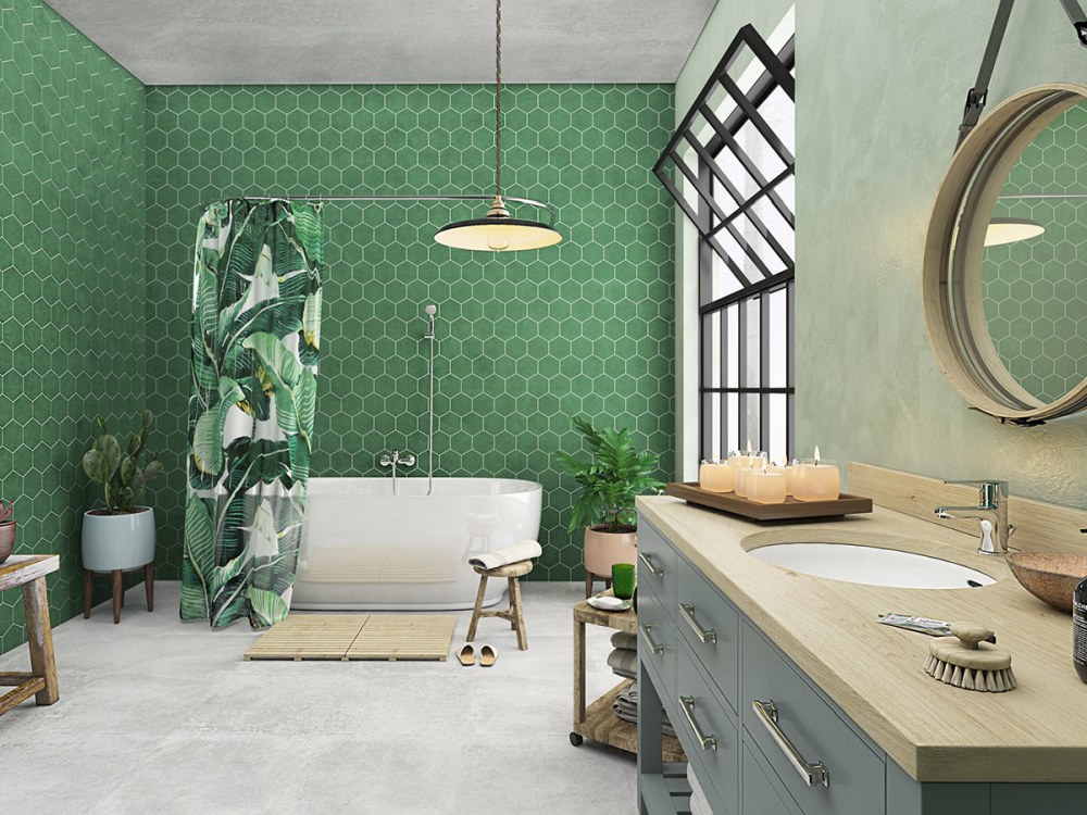 Zielona łazienka w stylu urban jungle - lazienkarium.pl urban jungle, zielona łazienka, modny kolor do łazienki