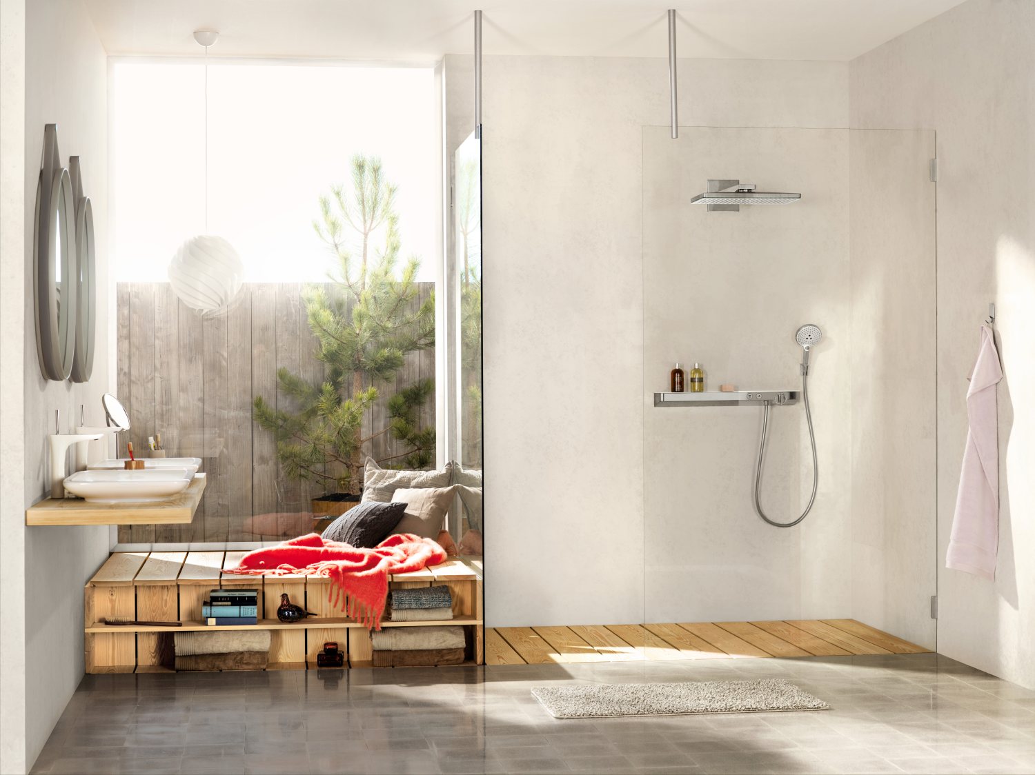 Kabina walk-in z baterią Hansgrohe PuraVida - www.Łazienkarium.pl łazienka z czerwonym kolore, czerwone dodatki do łazienki, czerwona galanteria łazienkowa