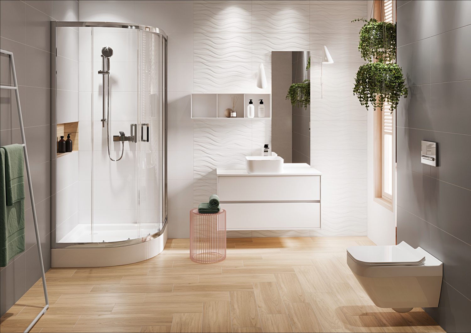 Łazienka wyłożona płytkami ceramicznymi - www.Łazienkarium.pl płytki ceramiczne na podłodze w łazience, duże płytki na podłodze w łazience