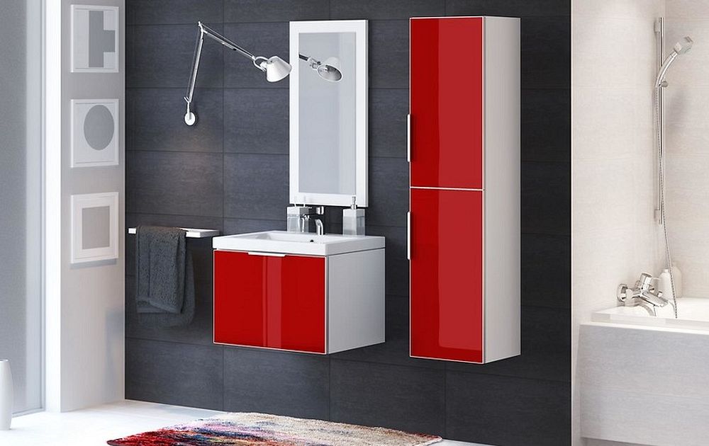 czerwone meble do łazienki, czerwona szafka pod umywalkę, czerwona szafka podumywalkowa