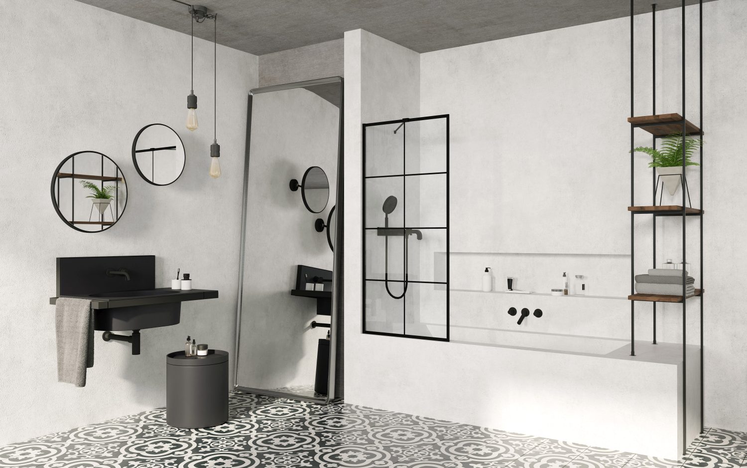 Połączenie podłogi retro z nowoczesnym wyposażeniem łazienki - www.Łazienkarium.pl kafle podłogowe w stylu vintage, vintage podłoga w łazience, łazienka z podłogą vintage