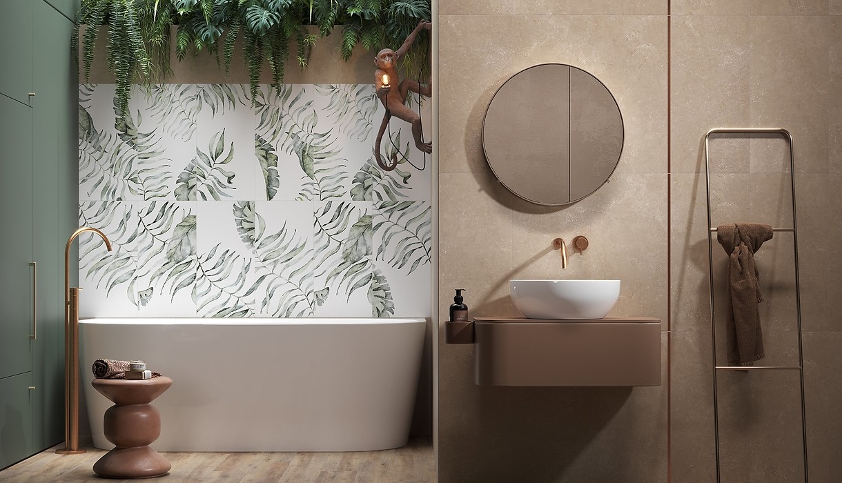 łazienka w stylu egzotycznym, tropikalna łazienka, łazienka w stylu tropikalnym, tropikalny styl, łazienka z motywem liści, łazienka bambus inspiracje 