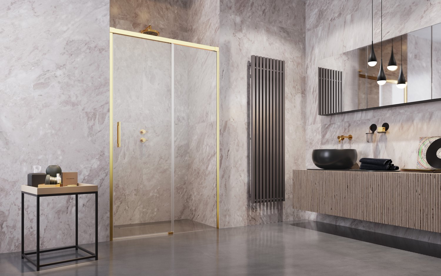 złota kabina prysznicowa, złoty w stylu eklektycznym, złoto w stylu eklektycznym