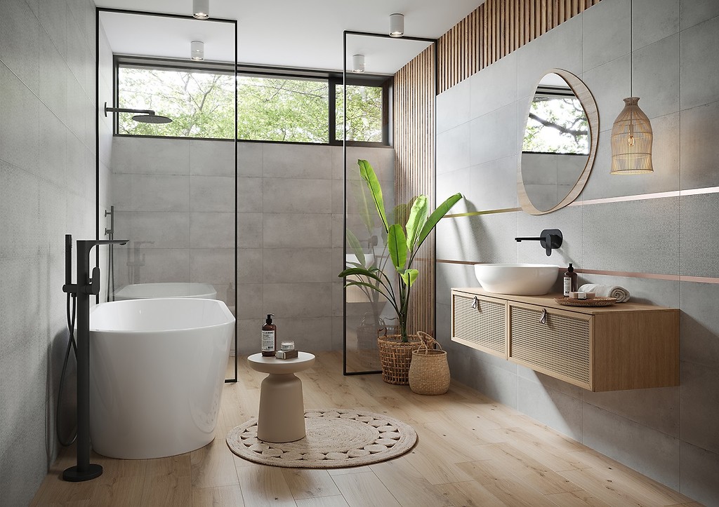 łazienka w stylu japońskim, mała łazienka w stylu japońskim, japońska łazienka, umywalka wolnostojąca, ścianka prysznicowa walk-in, łazienka w stylu zen, parawan nawannowy biały, deszczownica z kaskadą