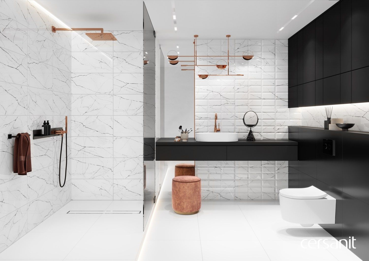 Nowoczesna łazienka w stylu nowojorskim z płytkami marmurowymi - www.Łazienkarium.pl marmur w stylu nowojorskim, styl nowojorski płytki marmurowe, marmur w łazience w stylu nowojorskim