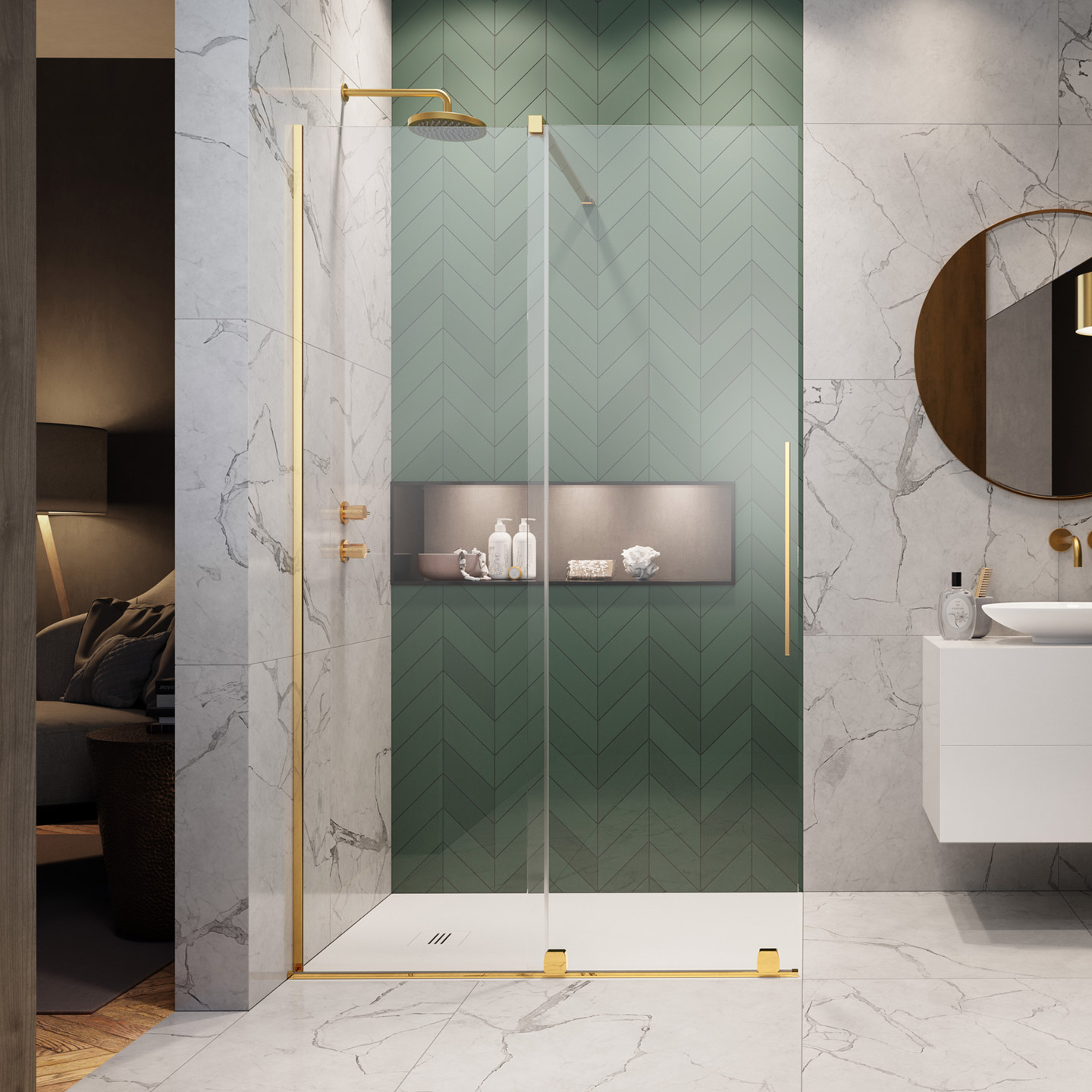 prysznic w stylu nowojorskim, styl nowojorski kabina prysznicowa, złota kabina prysznicowa nowojorska