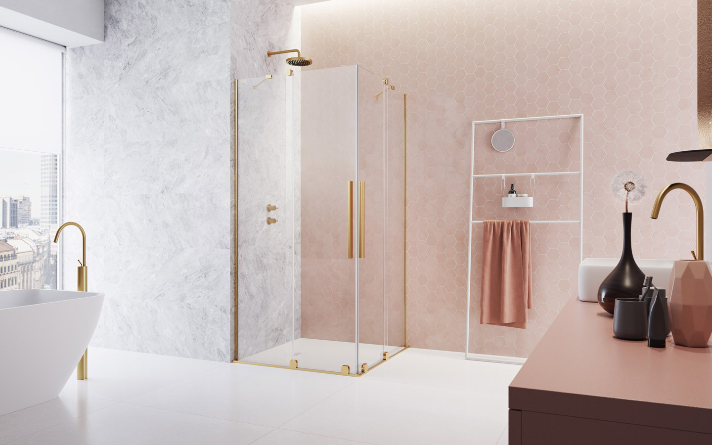 złote wykończenie kabiny prysznicowej, prysznic w stylu prowansalskim, kabina łazienkowa w stylu prowansalskim