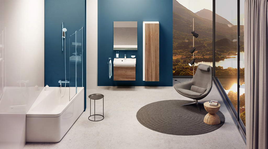 niebieska łazienka z drewnem, ravak koncept 10, szaro-niebieska łazienka