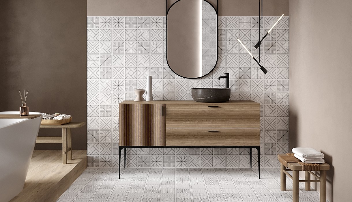 Geometryczne wzory na płytkach ceramicznych patchworkowych - www.Łazienkarium.pl opoczno patchwork, opoczno tetris patchwork, płytki patchwork opoczno