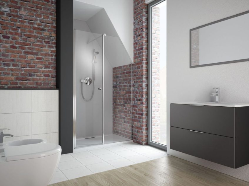 Radaway Eos DWS dzrwi wnękowe, łazienka z prysznicem, łazienka ze skosem, wyposażenie łazienki lazienkarium.pl