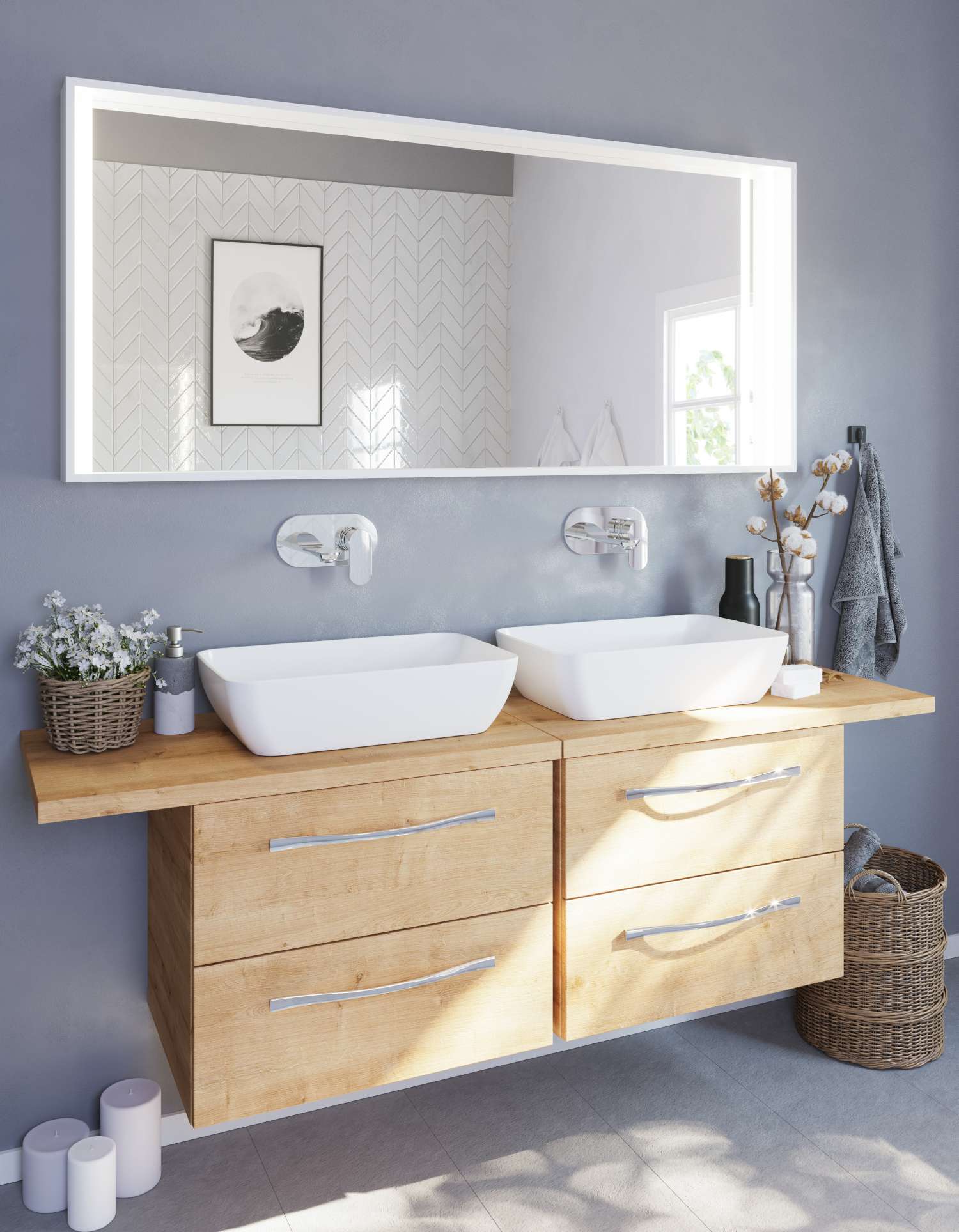 jasne drewno w szarej łazience, szara łazienka z drewnianą szafką, drewniana szafka podumywalkowa w szarej łazience