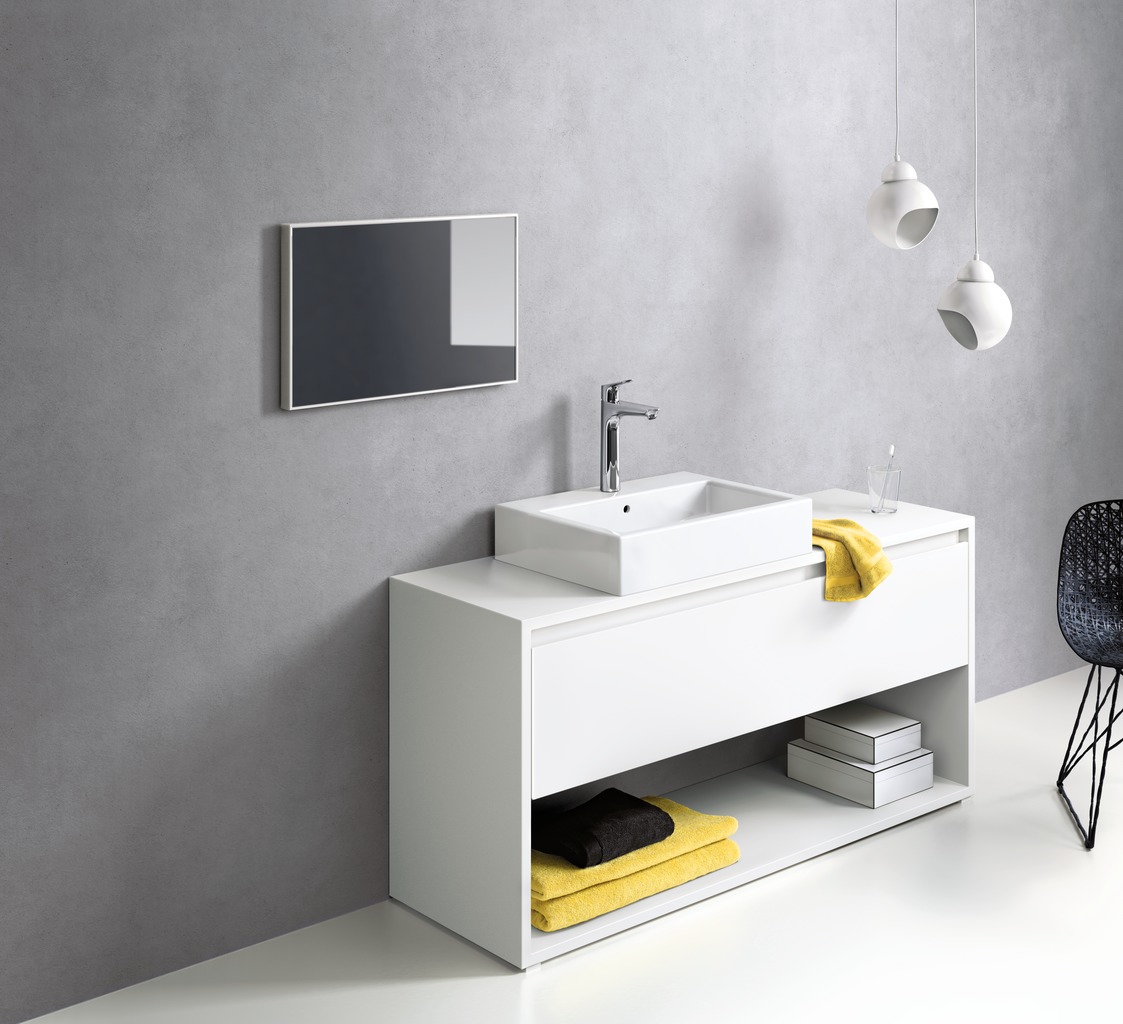 Cytrynowe dodatki w szarej łazience z baterią Hansgrohe Focus - www.Łazienkarium.pl żółta lazienka, żółta łazienka, jak urządzić żółtą łazienkę